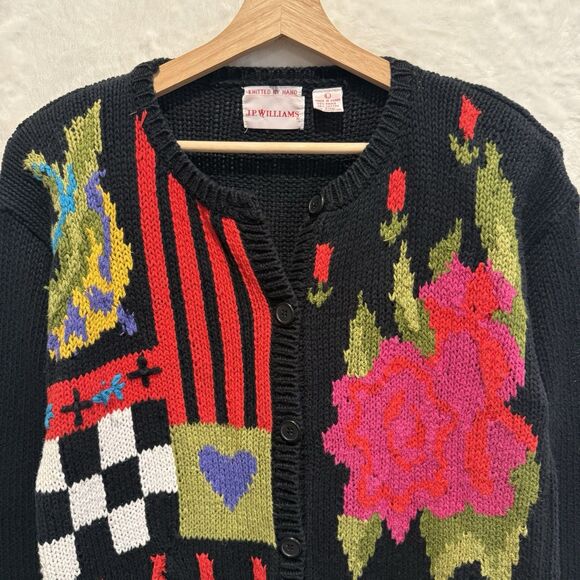 VTG 90s Cardigan Sweater JP Williams Wearable Art Patchwork Artsy Bright Funky L - Picture 2 of 12